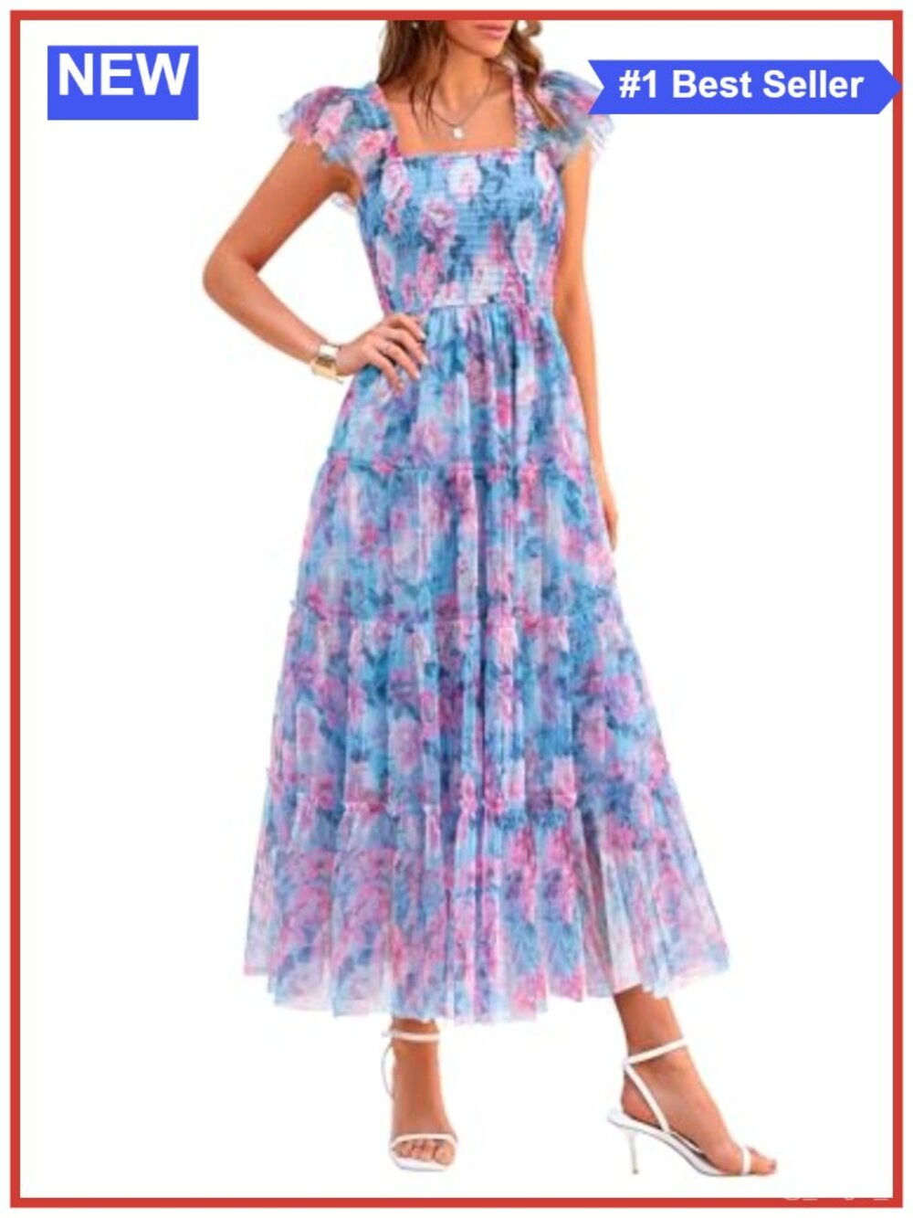 Women's Smocked Midi Tulle Dress Sleeveless Fit Flare Square Neck Flowy